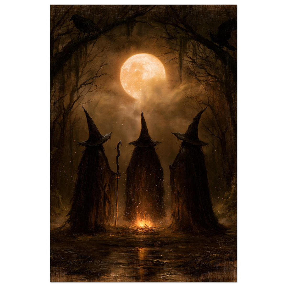 Three cloaked witches in pointed hats gathered in a misty forest under a full moon