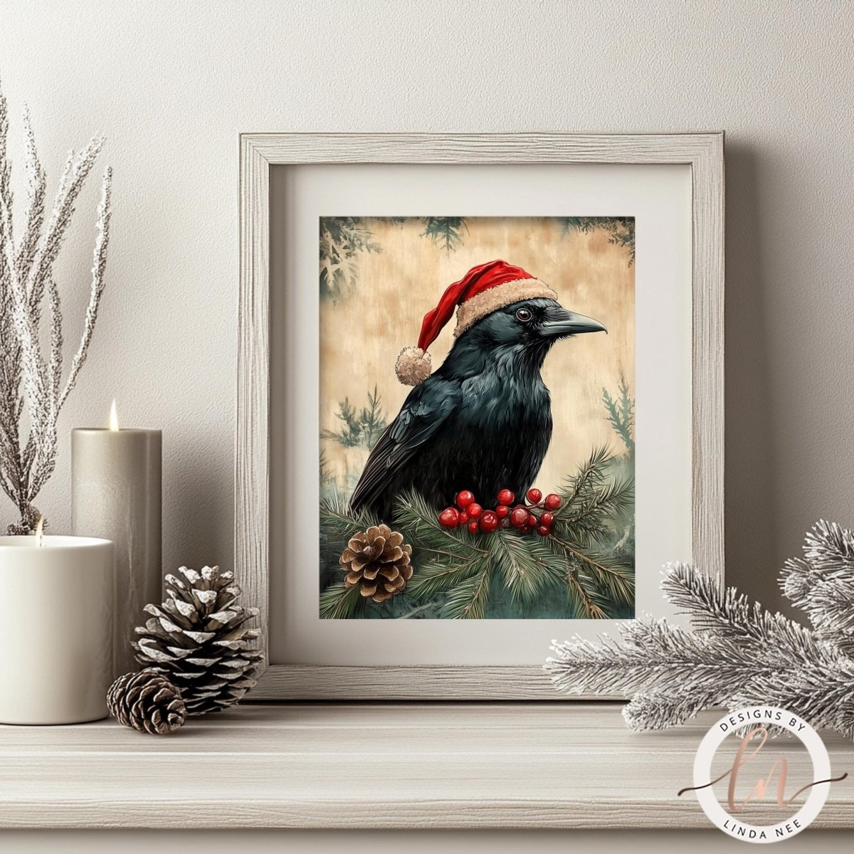 Raven in a red Santa hat on a pine branch, art print styled with pine cones and a candle