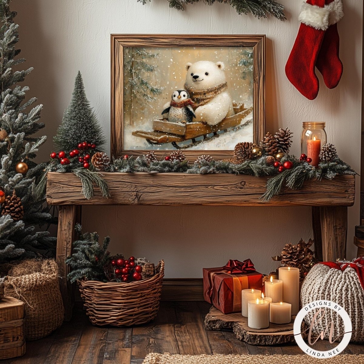 a cozy Christmas scene with a wooden table adorned with holiday decorations, including pine cones, pine branches, and red berries. A framed picture of a polar bear and penguin on a sled is displayed on the table, and a wicker basket filled with red berries is placed nearby. The table also holds a lit candle and a wrapped gift. The overall atmosphere of the scene is warm and festive, with the combination of natural elements and holiday decorations creating a charming and inviting setting.
