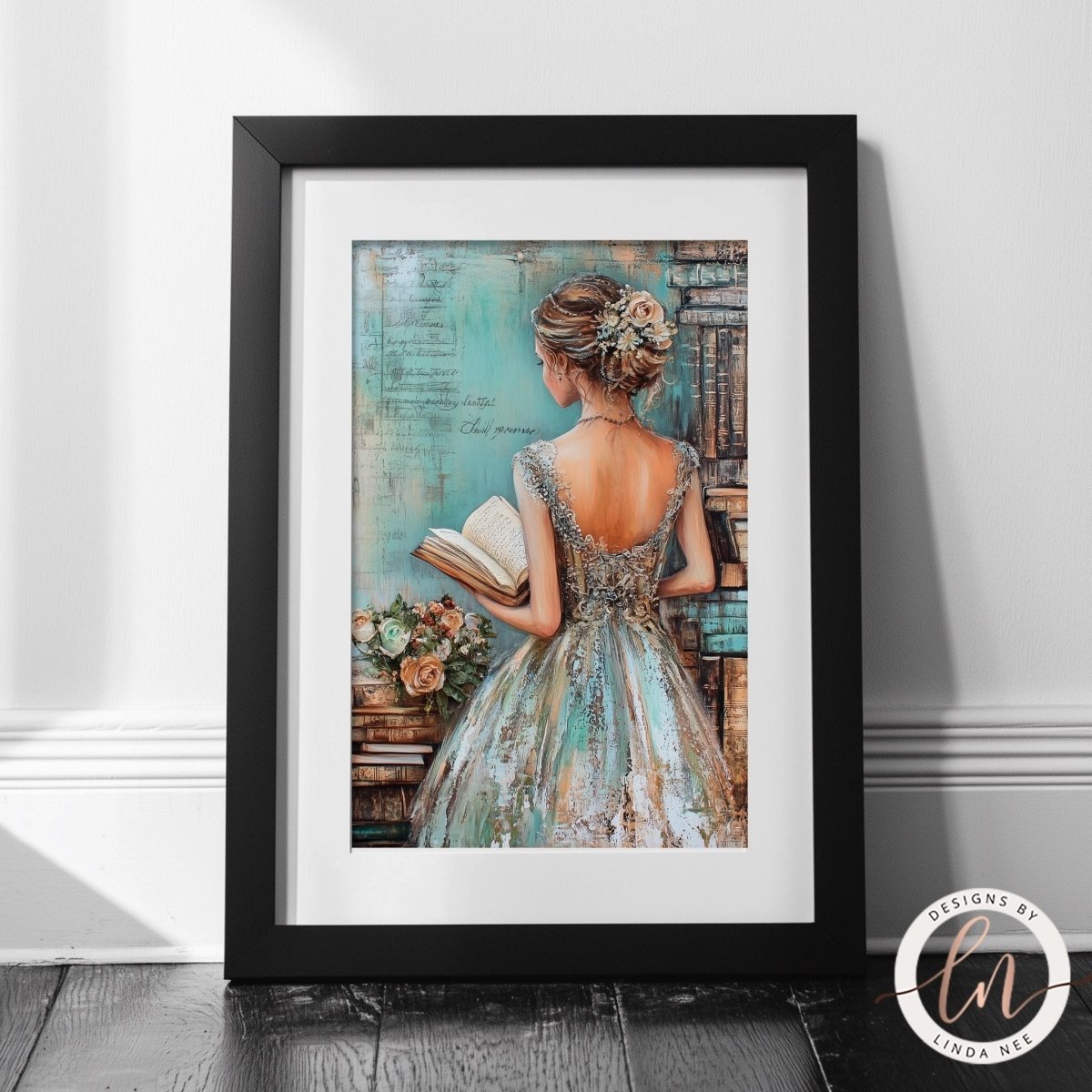 The image is a framed painting depicting a woman in a flowing dress holding a book and flowers, standing in front of a bookshelf.