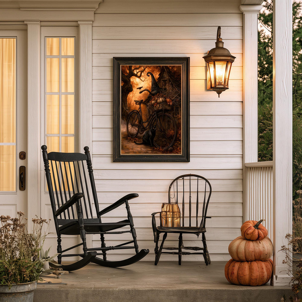 Farmhouse porch with stacked pumpkins, a rocking chair, and the bicycle print above