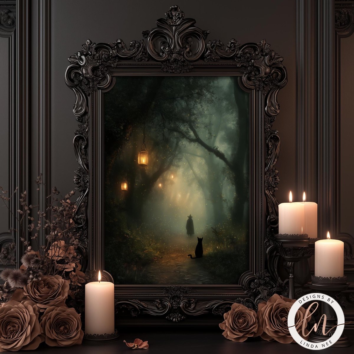 a dark, moody scene with a black cat sitting in a misty forest. The cat is silhouetted against the foggy background, creating a sense of mystery. The scene is framed by an ornate, dark frame, adding an air of elegance and sophistication. Surrounding the frame are lit candles, casting a warm glow and enhancing the overall atmosphere of the image.