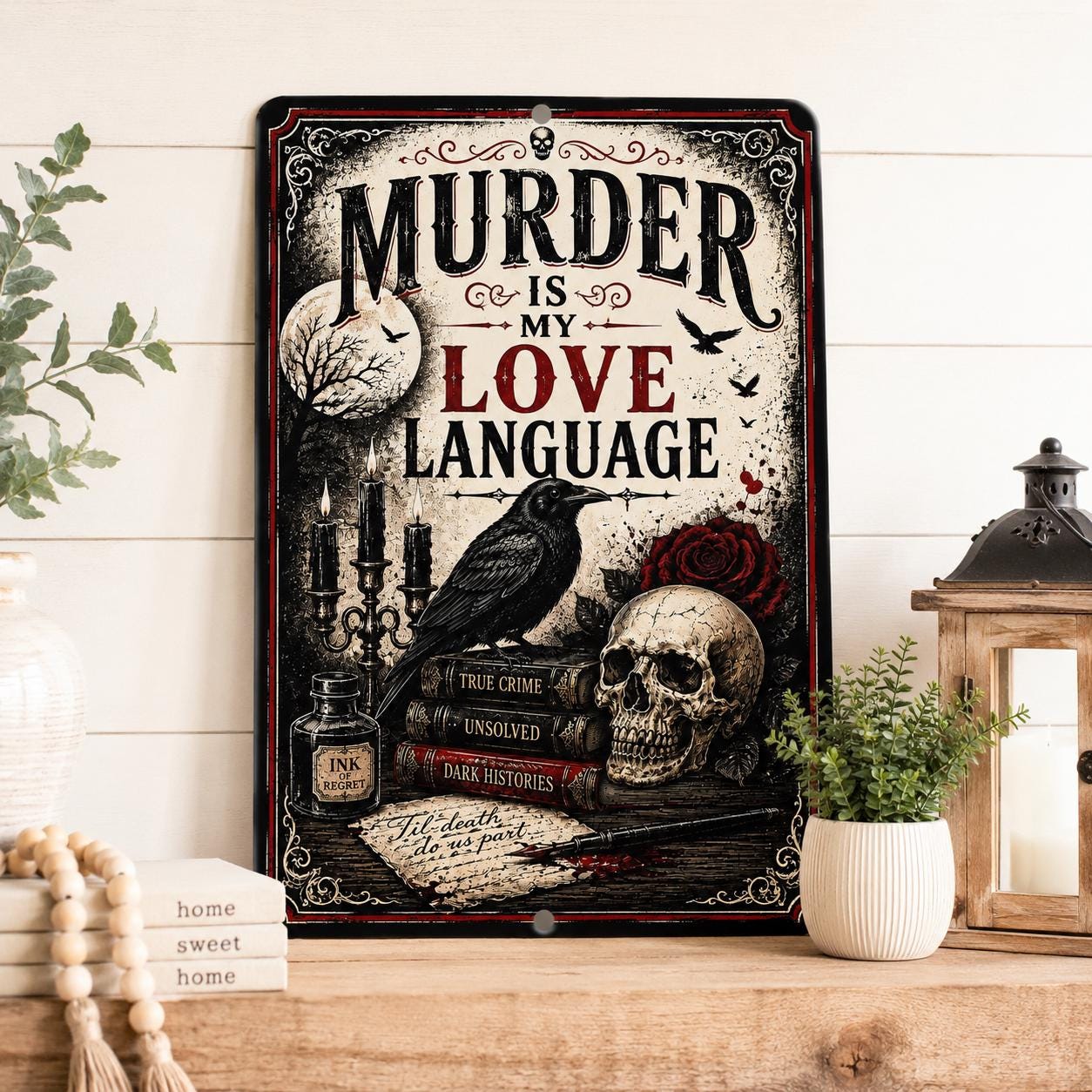 a vintage-style metal sign with a skull and rose design, surrounded by various objects such as a potted plant, books, and a lantern.