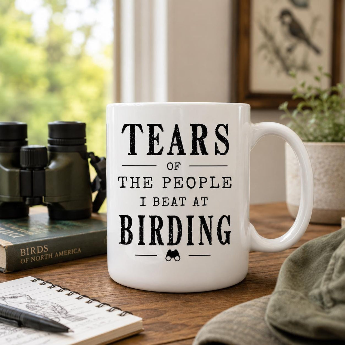 Birding mug on a wooden table next to a pair of binoculars and a notebook, quote facing out