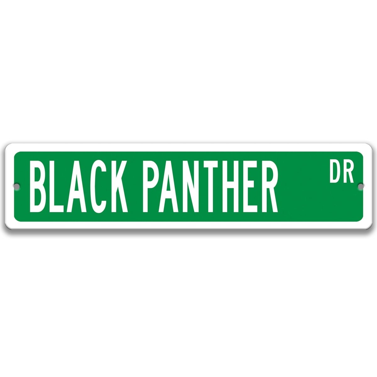 Black Panther metal street sign with a green background reading BLACK PANTHER DR