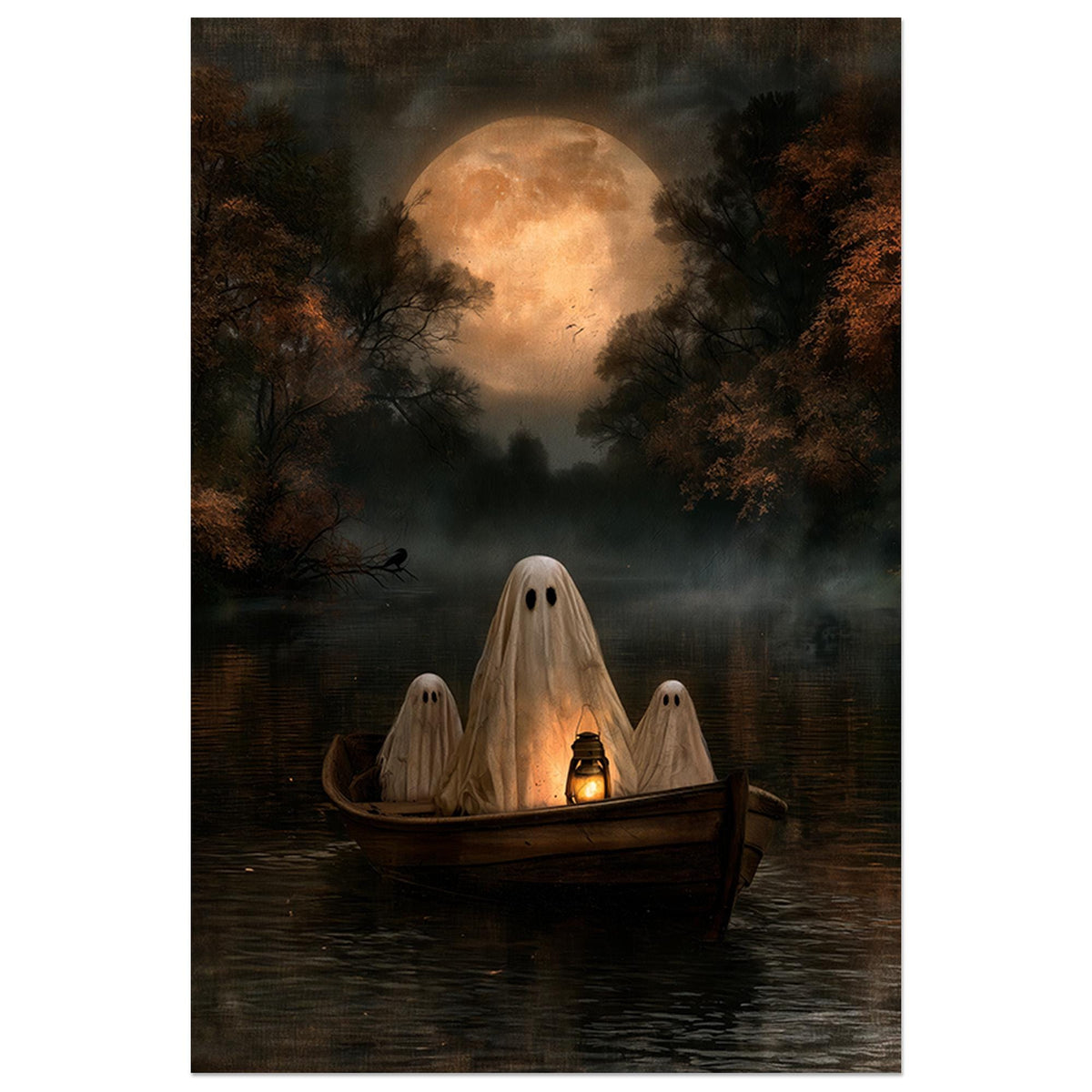 Three ghostly figures in a wooden rowboat on a moonlit lake, lit by a single lantern
