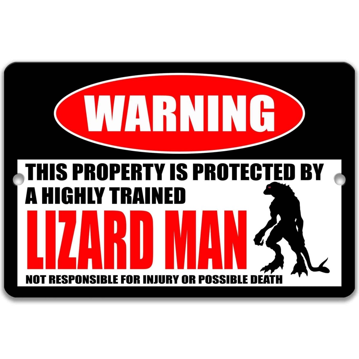 Lizard Man warning metal sign, glossy black, red WARNING oval and reptilian humanoid silhouette