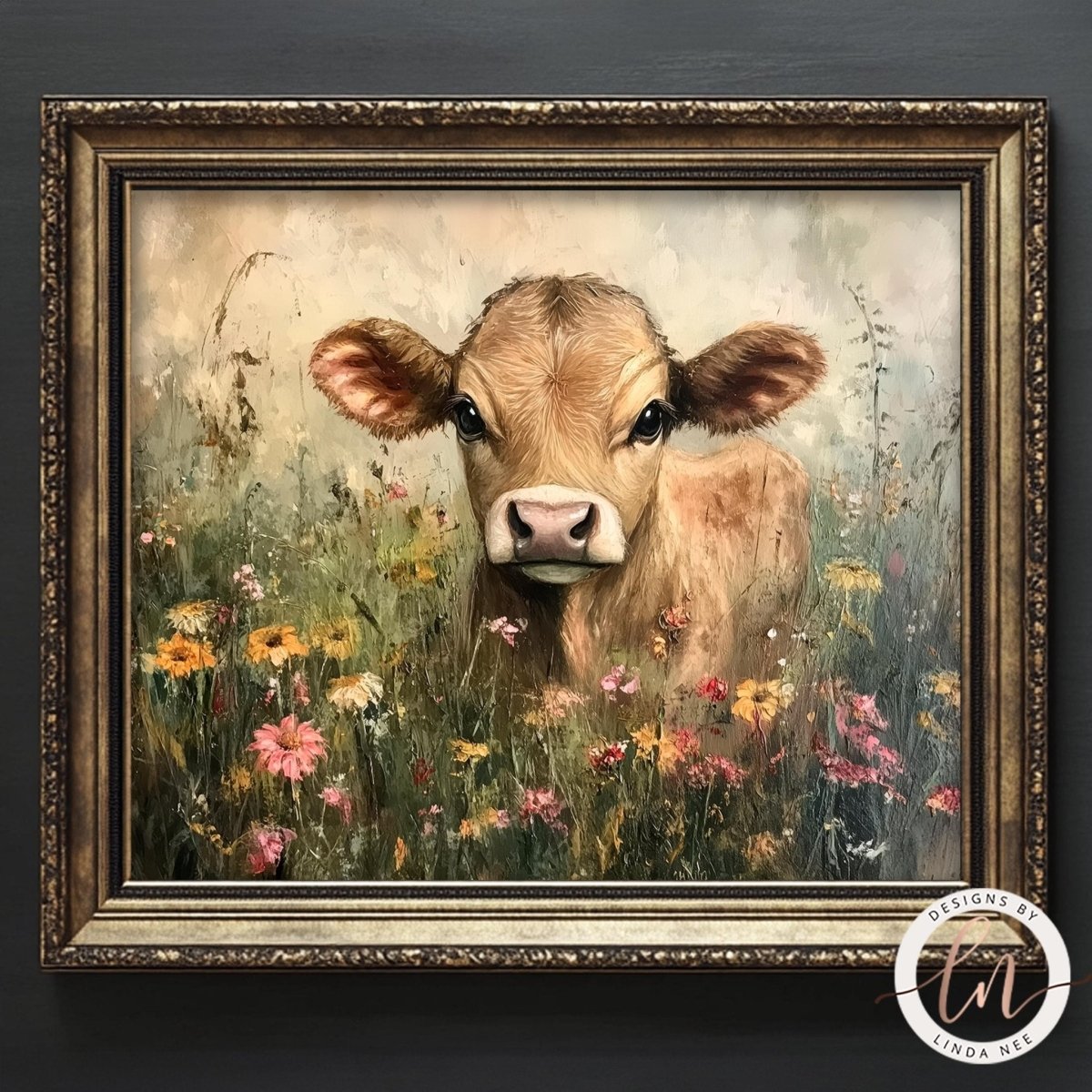 A framed painting depicting a cow surrounded by a field of colorful flowers.