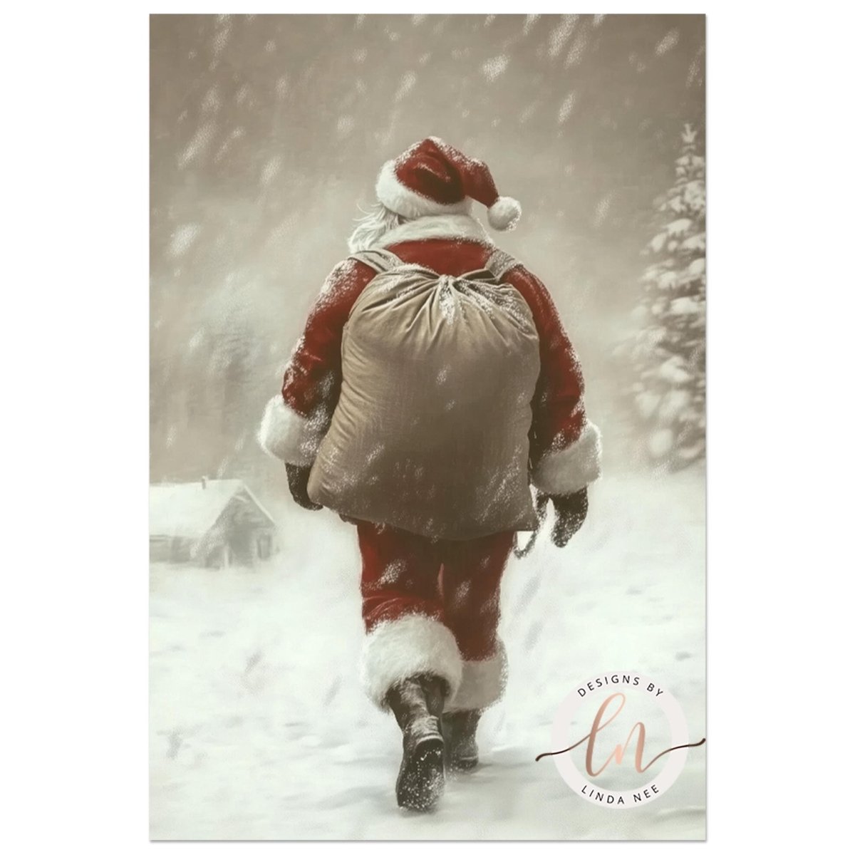 Santa Claus walking across an open snowy field carrying a full sack
