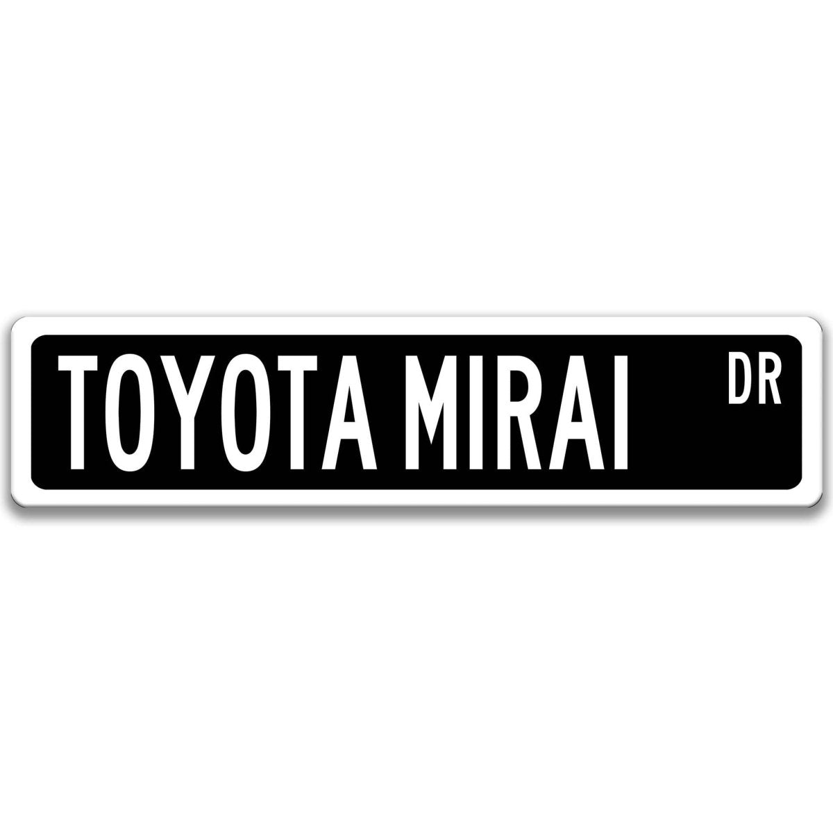 Black metal street sign with white text reading TOYOTA MIRAI DR