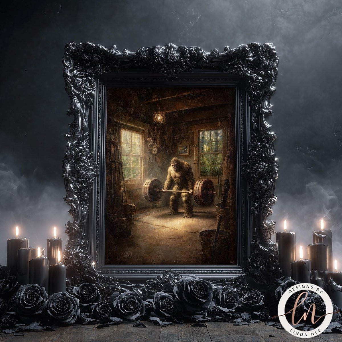 The image is a painting of a man lifting weights in a room with a fireplace, surrounded by candles and roses.