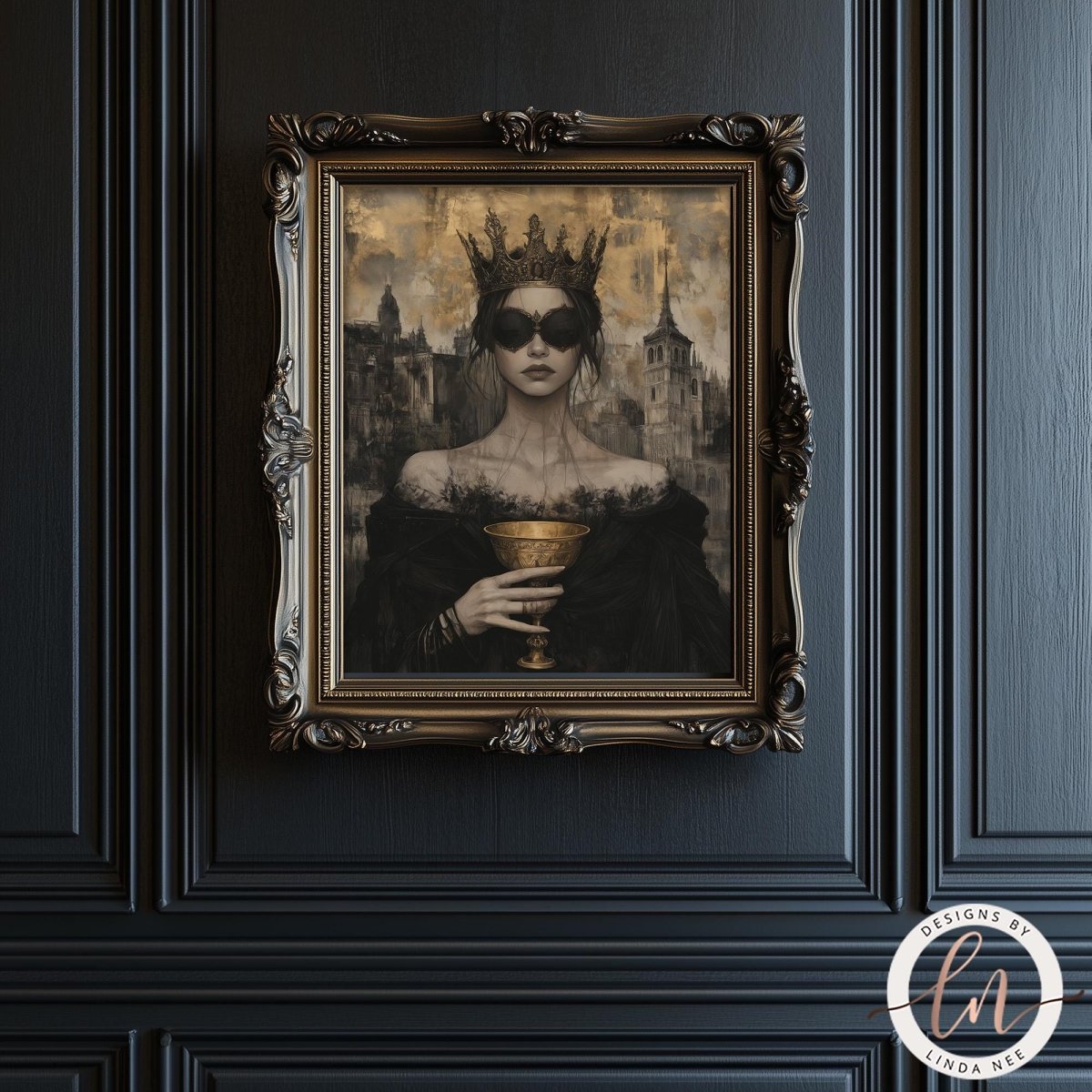 a woman wearing a crown and holding a golden cup, which is displayed in an ornate frame on a dark wall.