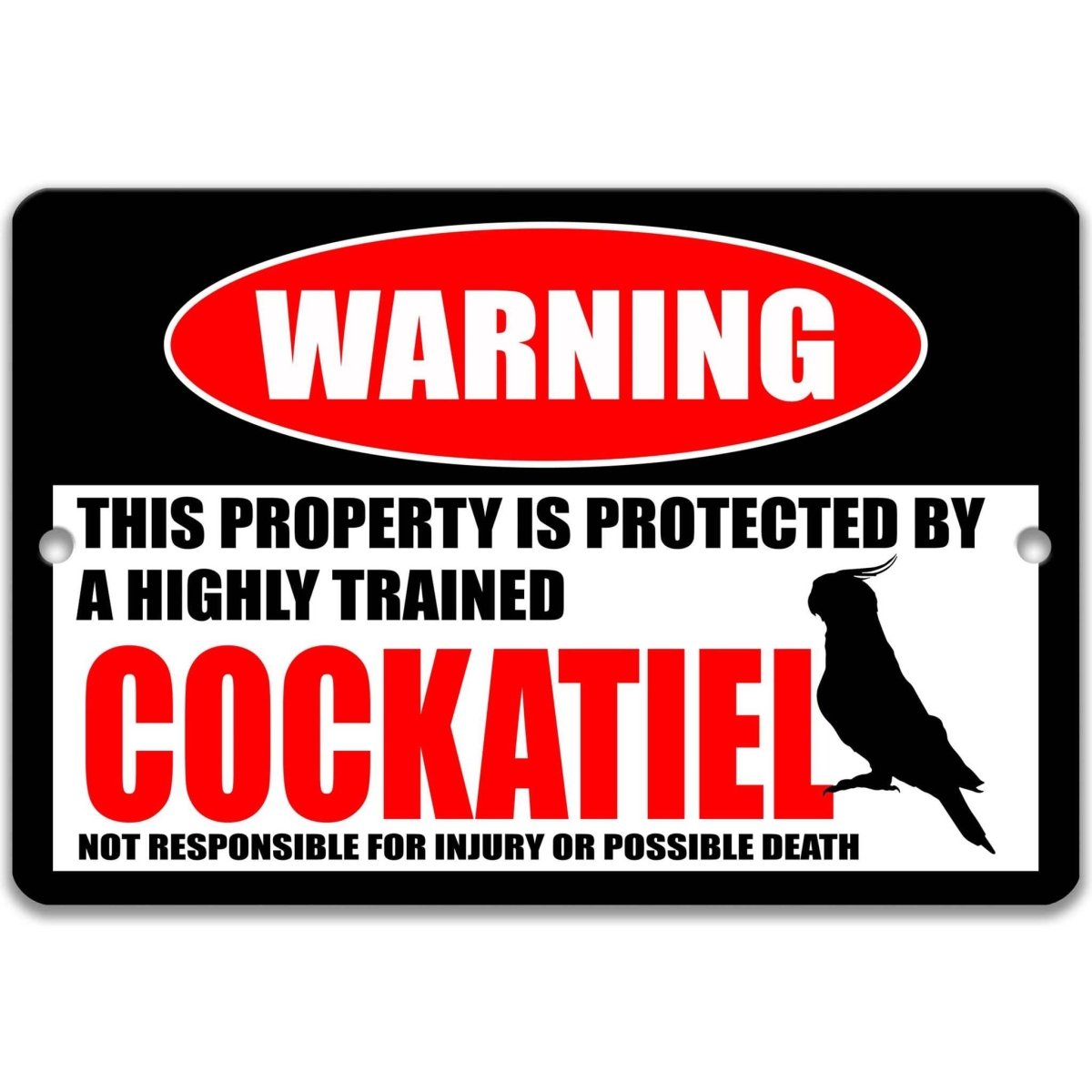 Cockatiel warning metal sign, glossy black, red WARNING oval and crested cockatiel silhouette