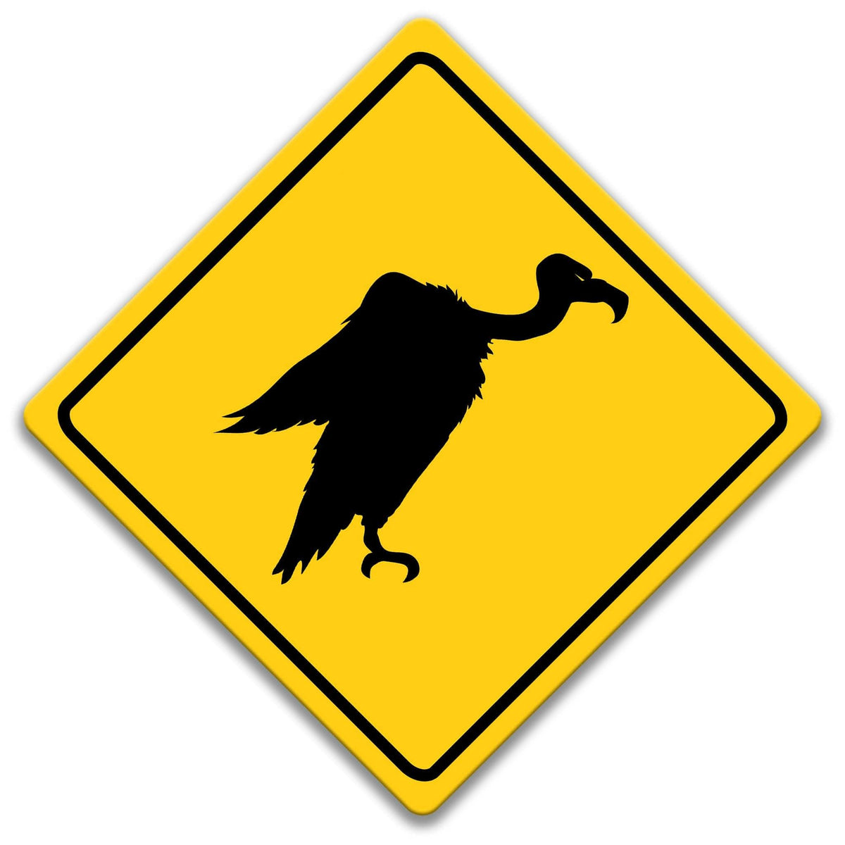 A yellow diamond-shaped road sign with a black silhouette of a bird, likely a vulture, on it.