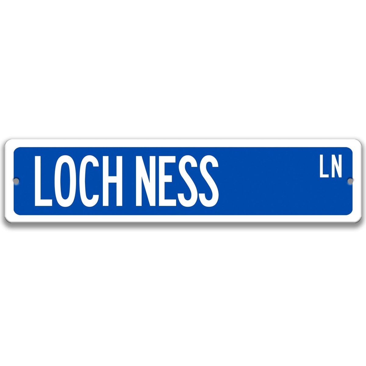 Loch Ness metal street sign with a blue background reading LOCH NESS LN