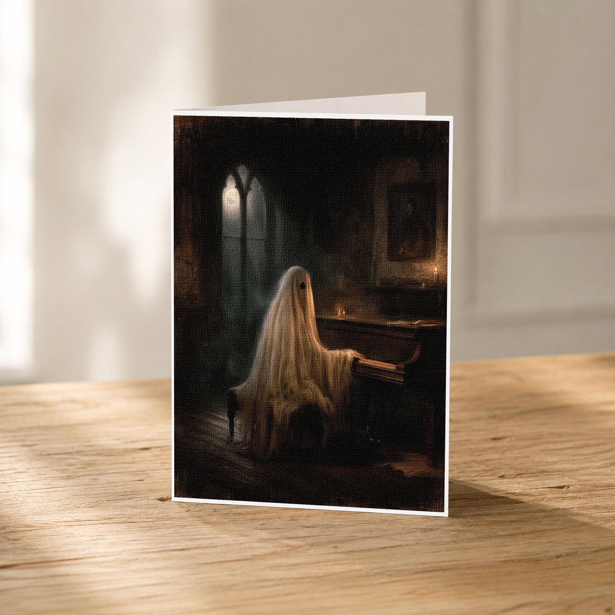 5x7 haunted piano blank note card standing upright showing its linen texture and candlelit artwork