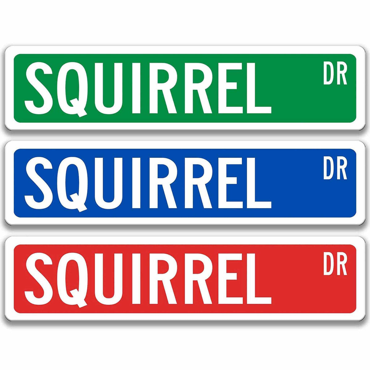 Squirrel metal street sign shown in red, yellow, and blue background colors