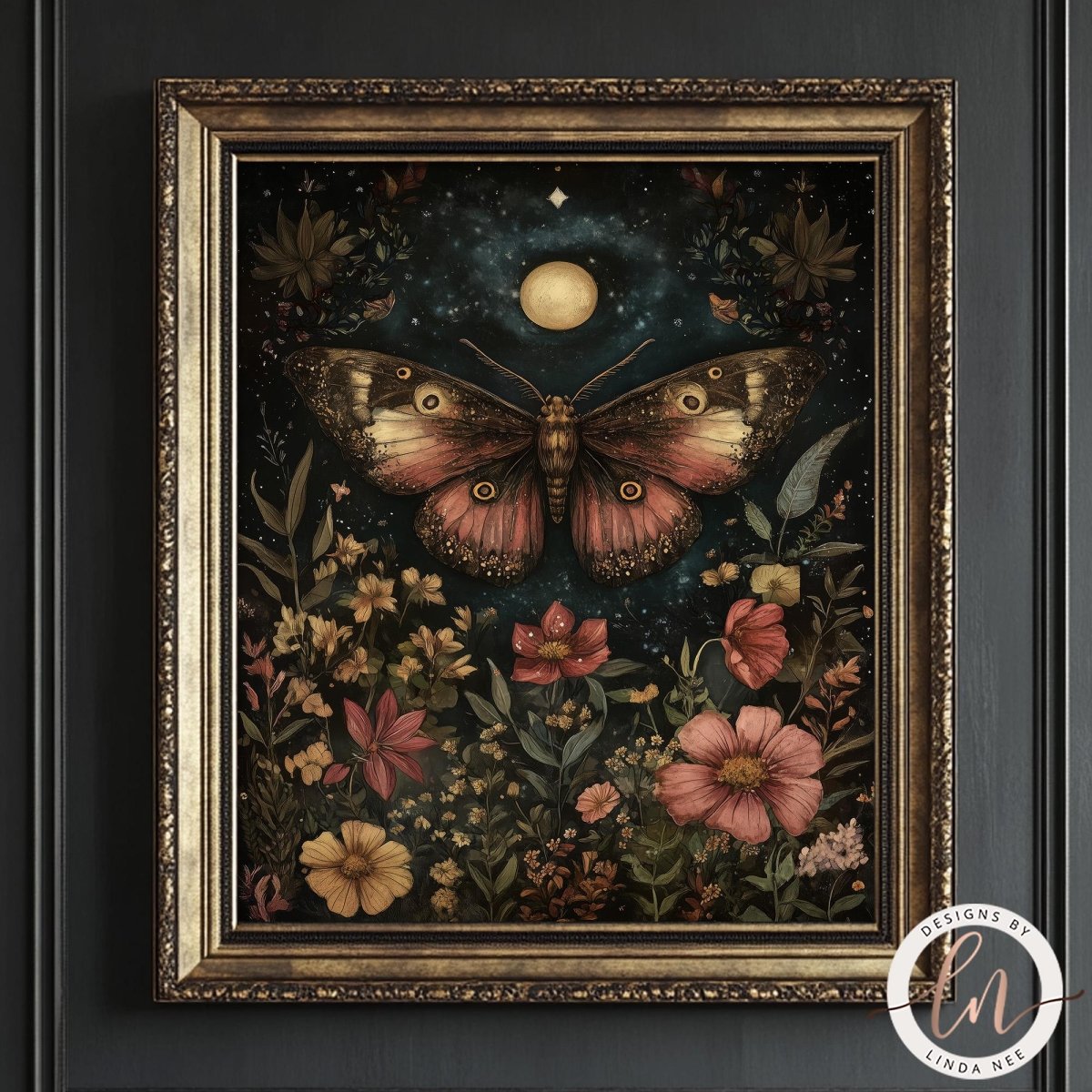 A framed fantasy art print featuring a large butterfly over a field of flowers under a full moon, set in an ornate gold frame against a dark gray wall.