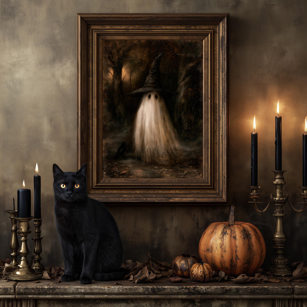 Black cat on a mantel below the ghost in a witch hat art print and pumpkins