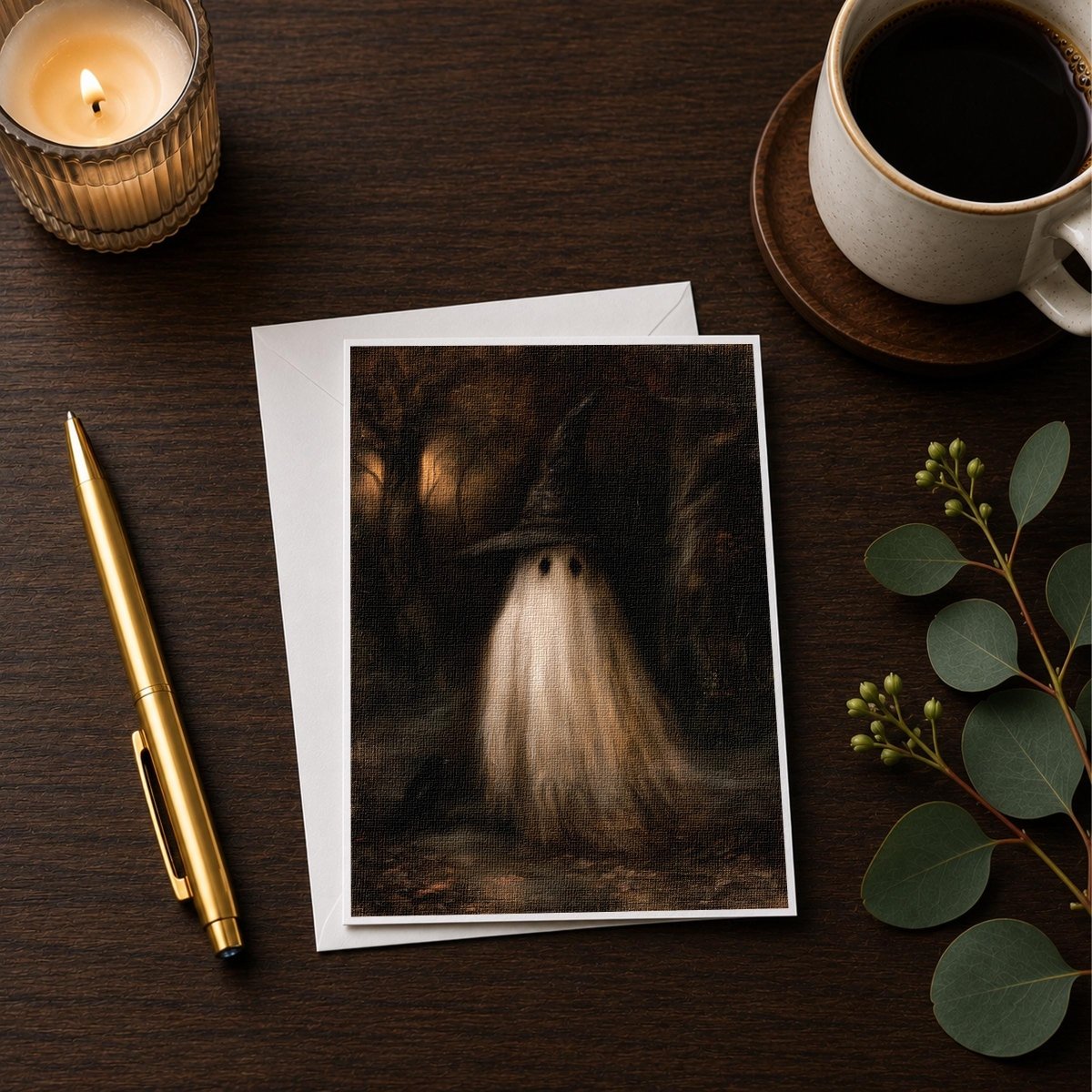 Witch hat ghost note card styled on a wooden desk with a candle, a pen and a coffee cup