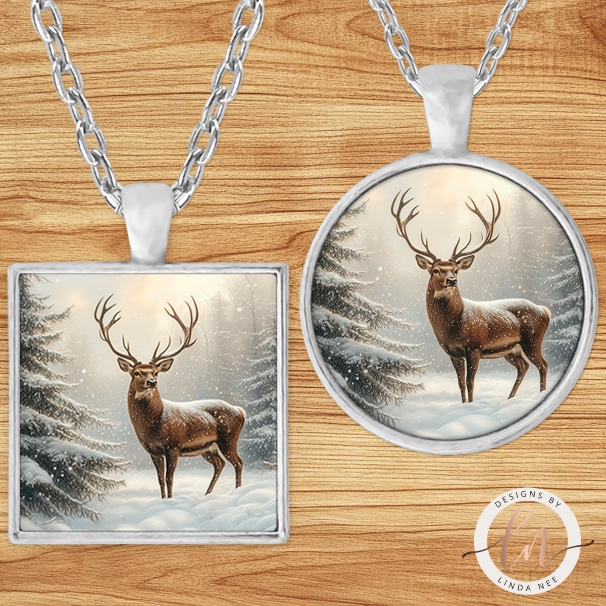 Winter Deer Evergreen Forest Pendant Necklace