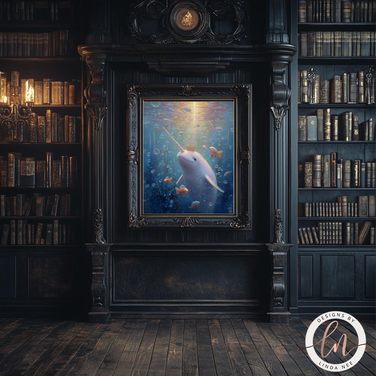 a large painting of a unicorn with a horn, surrounded by a serene underwater scene with fish and coral. The painting is displayed on a dark wooden wall, with a bookshelf filled with books visible on either side.