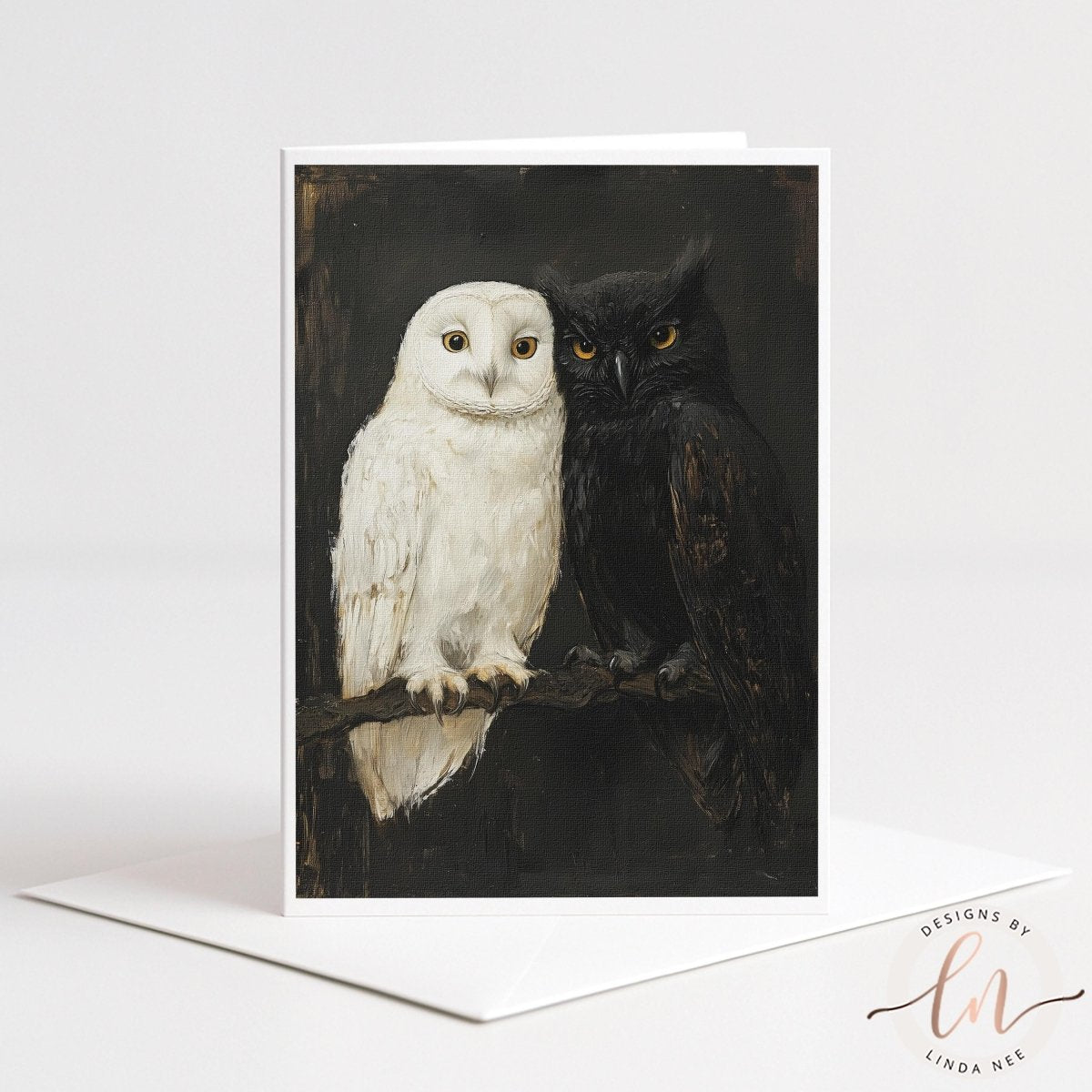 A painting of two owls, one white and one black, perched together on a branch against a dark background.