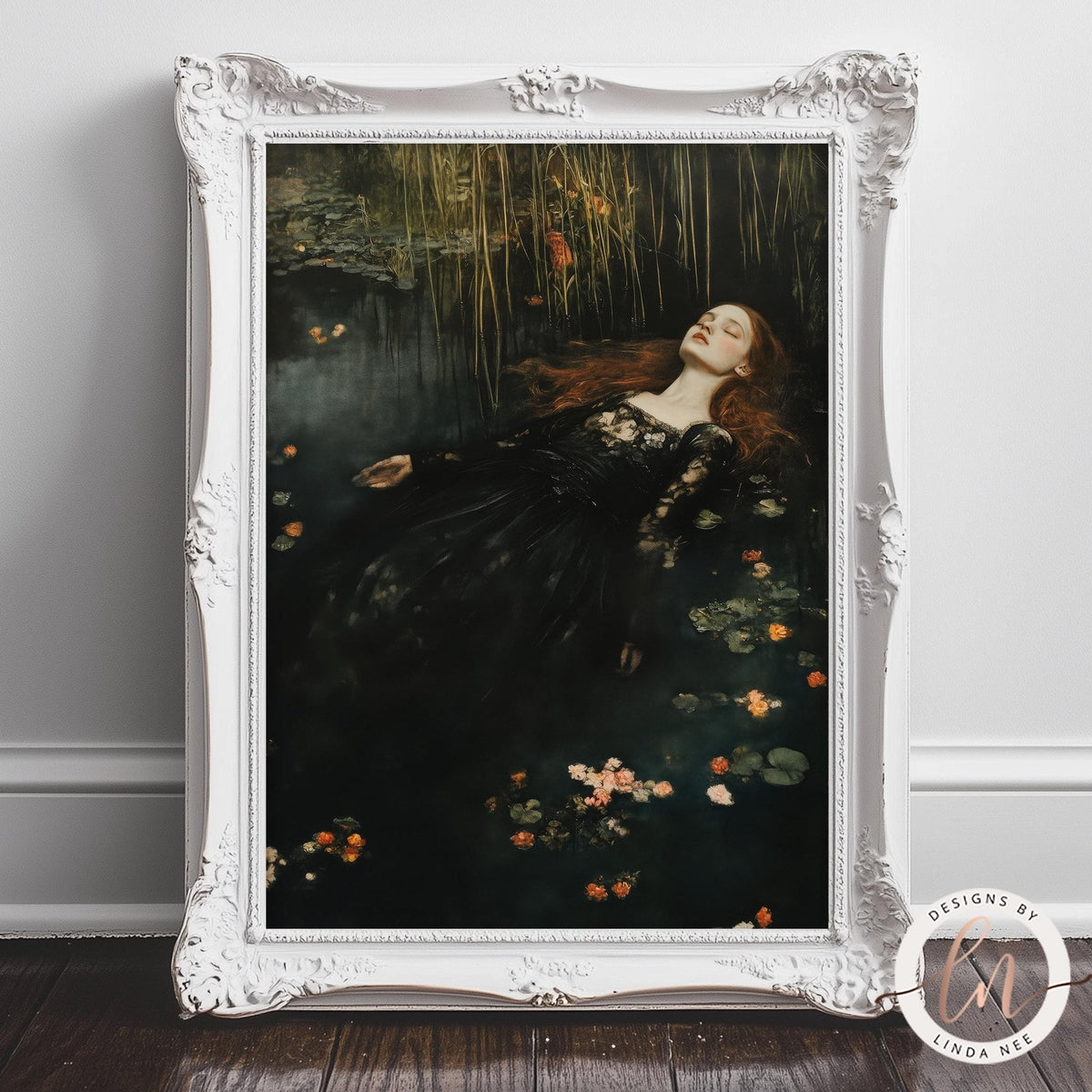 A framed painting depicting a woman in a black dress lying in a pond surrounded by flowers and plants.
