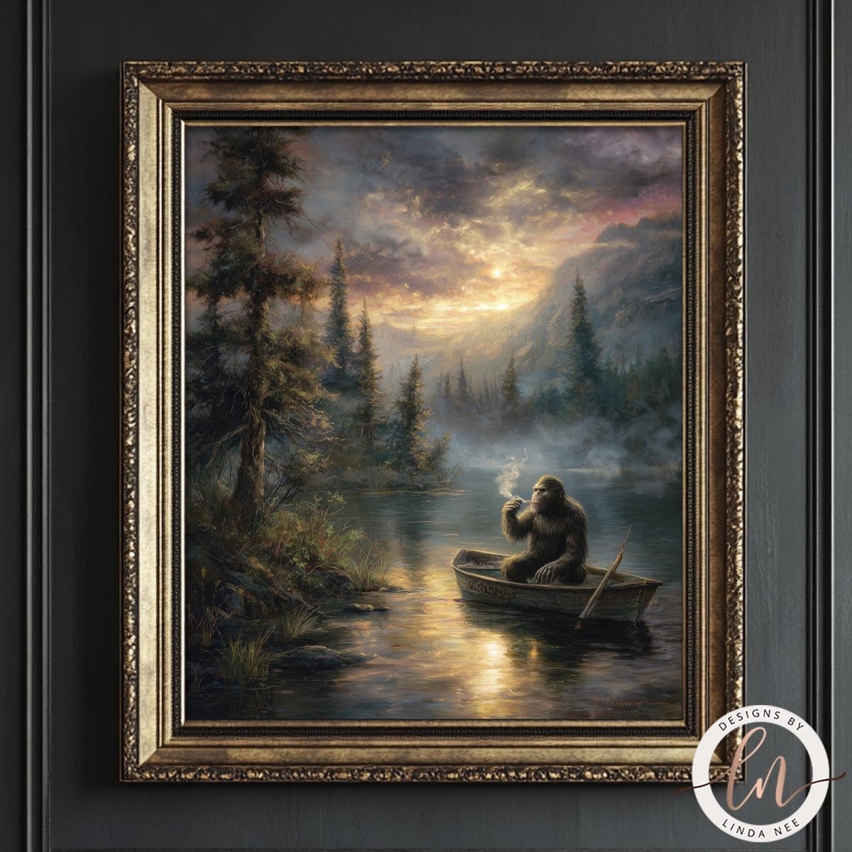 A painting of Bigfoot sitting in a boat on a lake, surrounded by trees and a sunset sky.