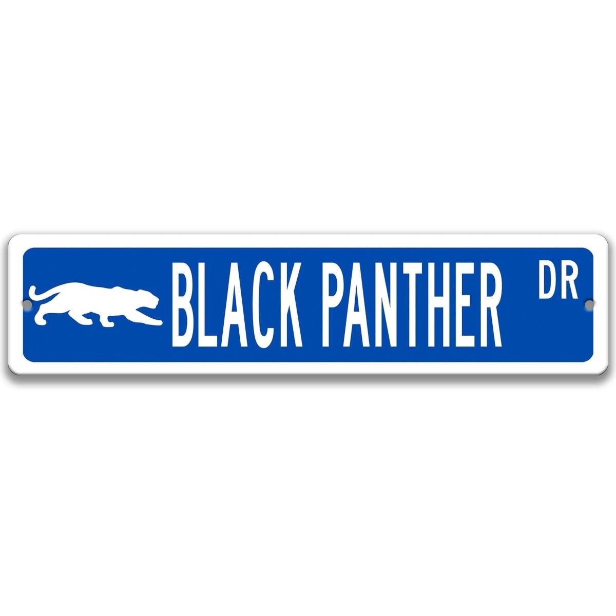 Black Panther metal street sign with a blue background reading BLACK PANTHER DR with a prowling panther silhouette
