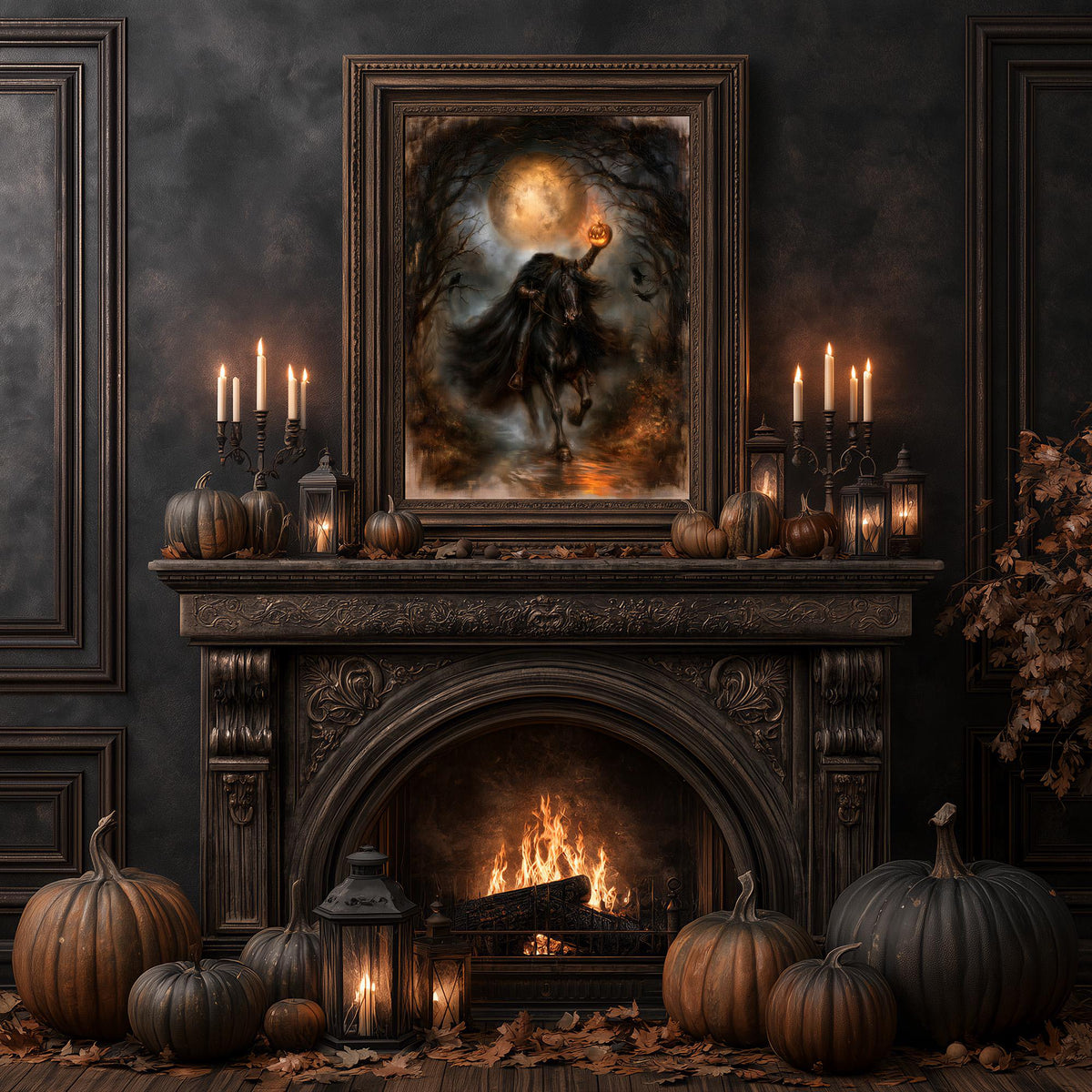 Gothic fireplace styled with pumpkins and candlelight below the horseman print