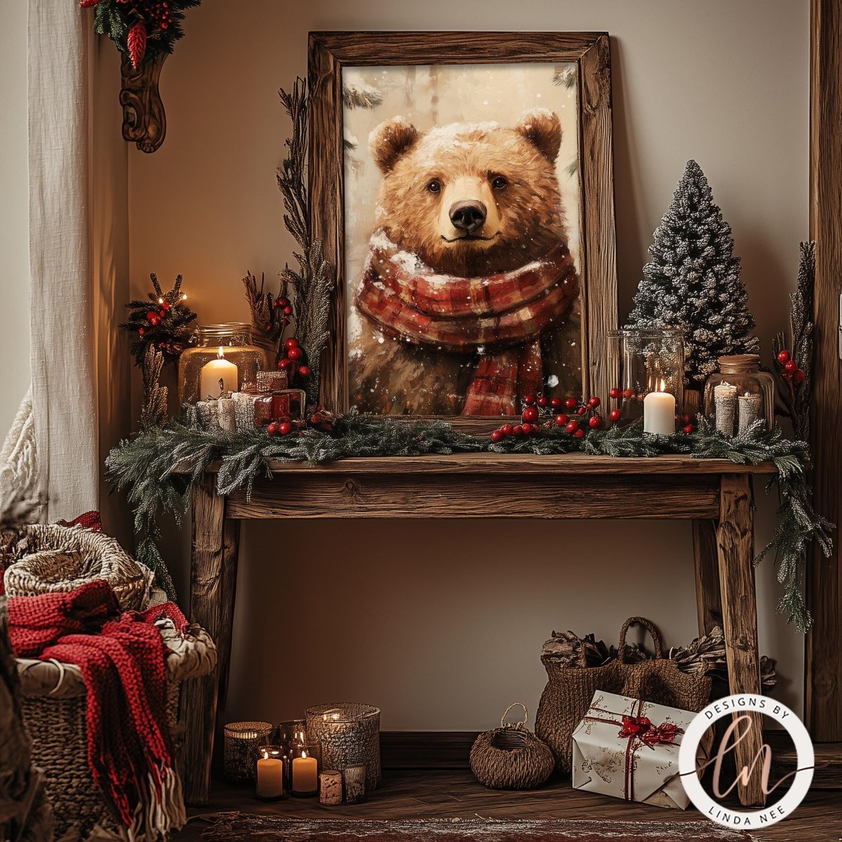 a cozy and festive scene with a wooden table adorned with holiday decorations, including a framed picture of a bear wearing a scarf, a small Christmas tree, and various candles and ornaments.