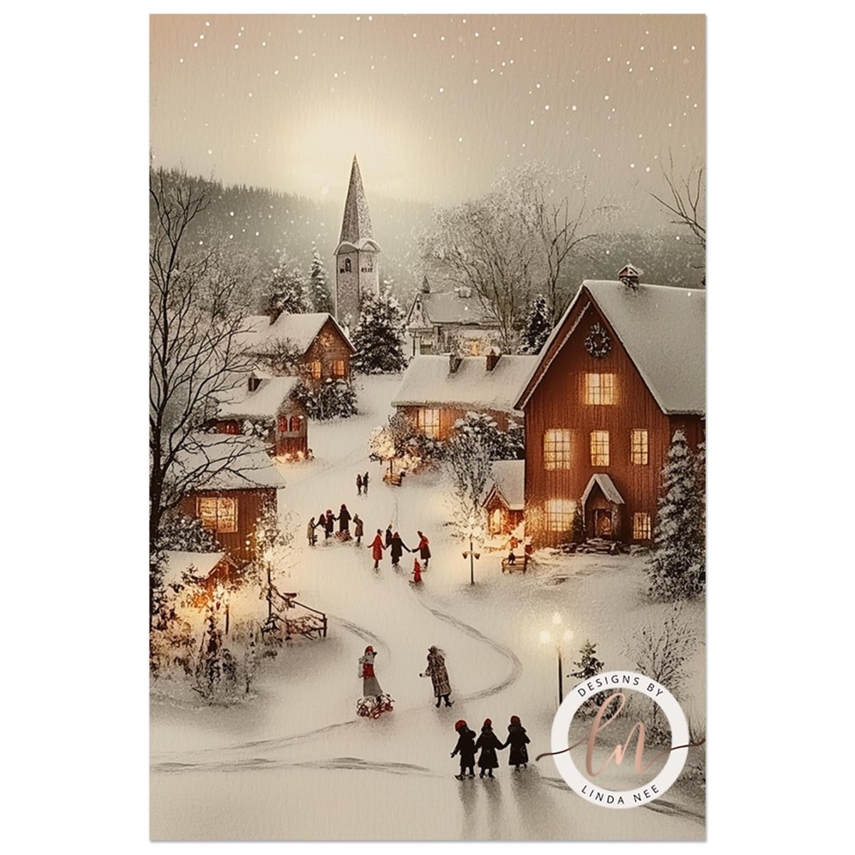 Christmas village art of a lamplit snowy street lined with buildings