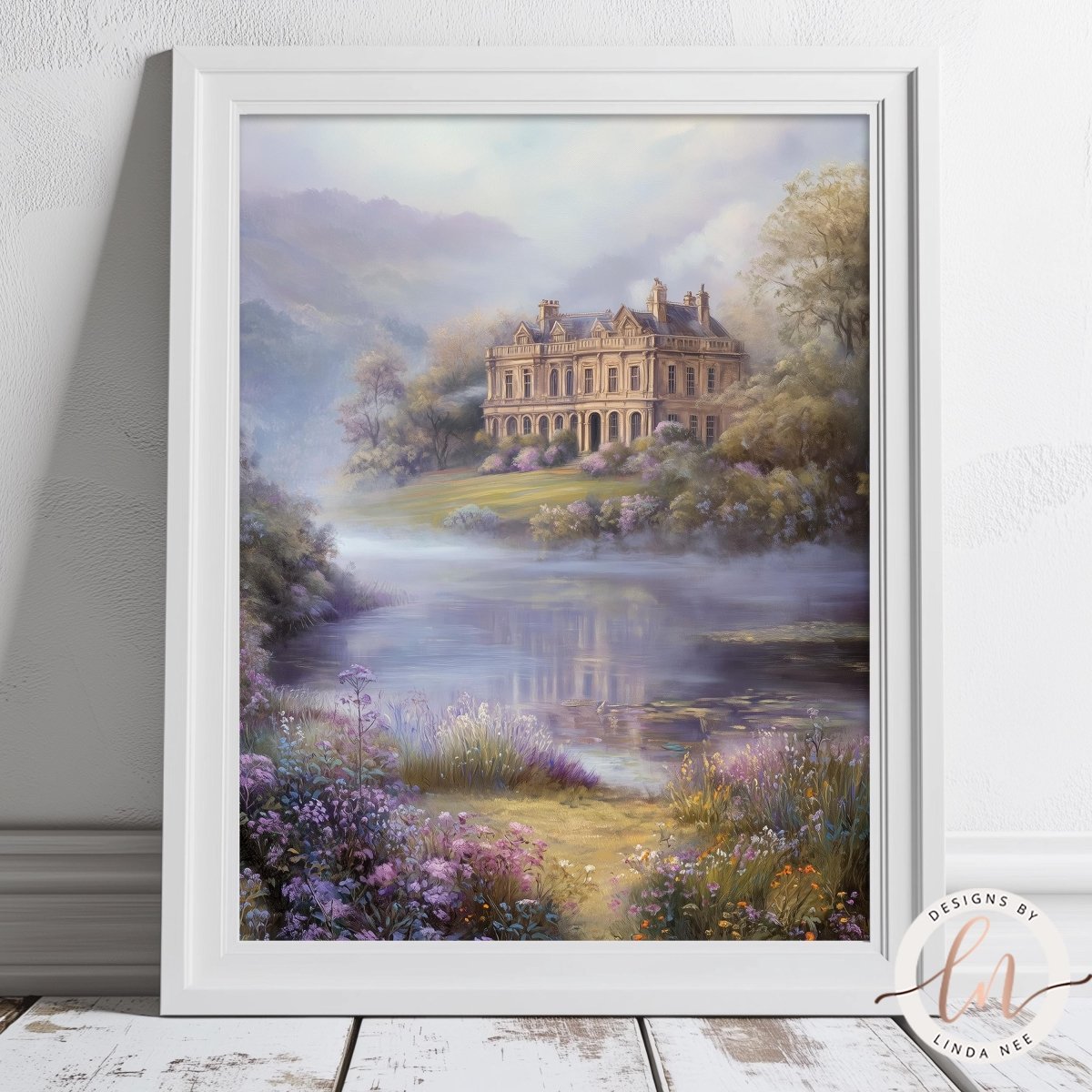 A framed wall art print depicting a large, ornate building surrounded by a lush, colorful garden and a serene body of water, with a misty, dreamlike atmosphere.
