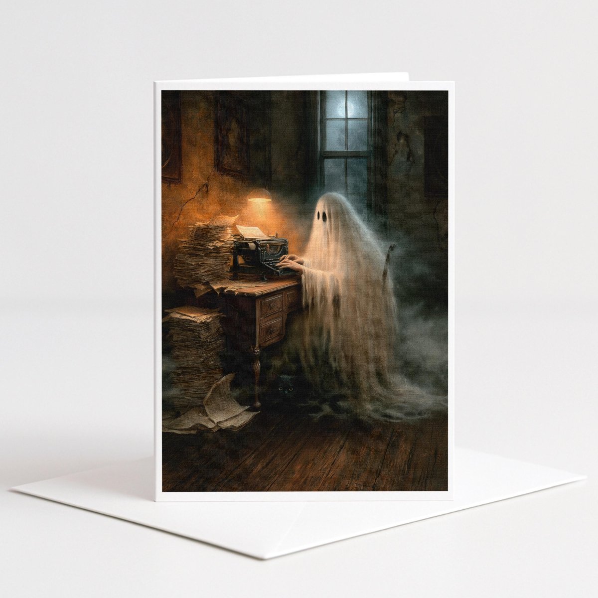 Ghost typing at an antique typewriter beside manuscript stacks and a lamp, Halloween note card art