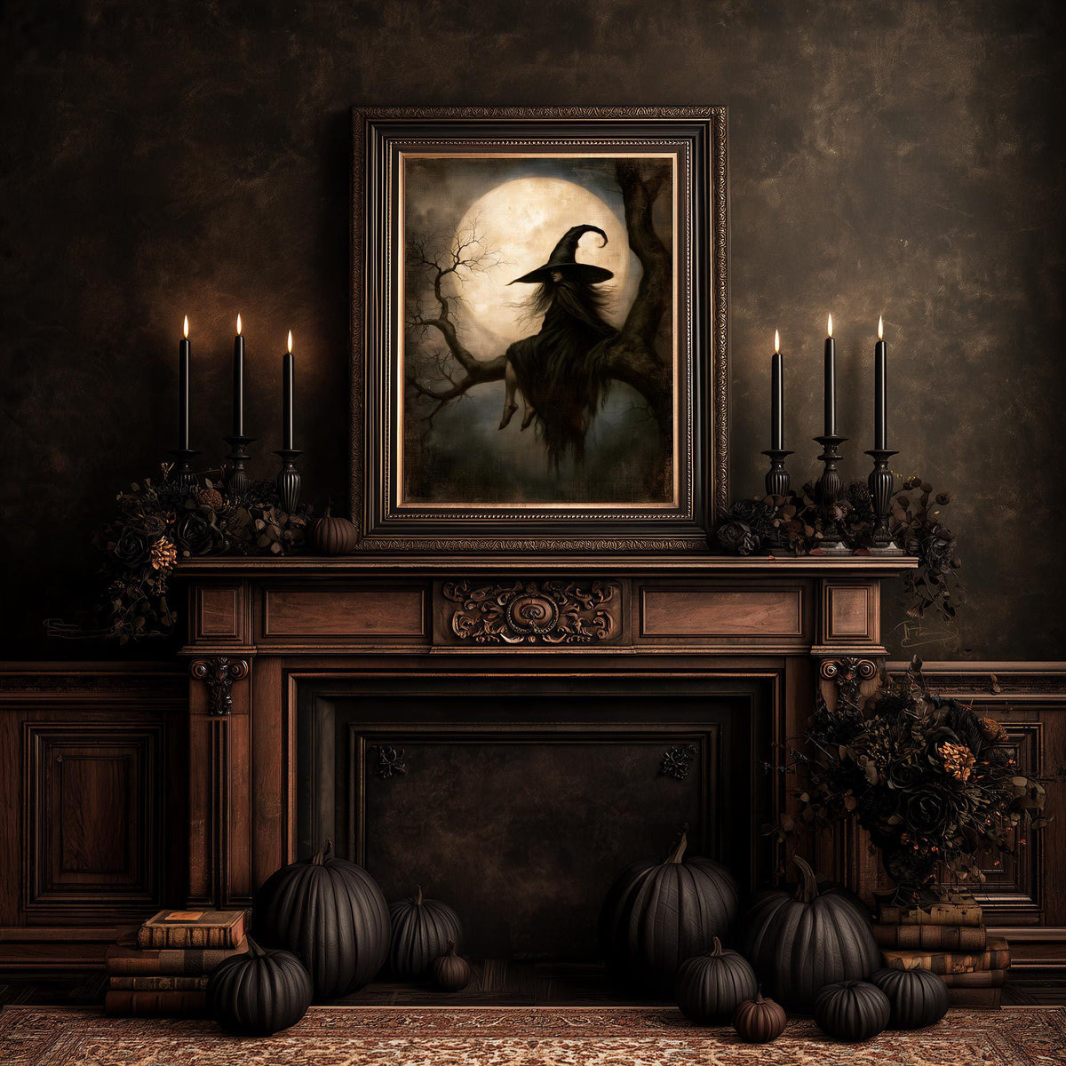 Halloween mantel with pumpkins and candles under the moonlit witch artwork