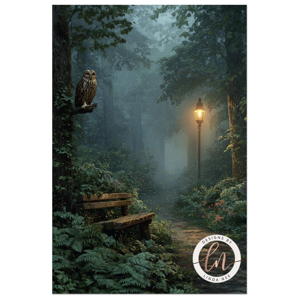 A serene forest scene with a bench, a lamp post, and an owl perched on a tree branch, all surrounded by lush greenery and a misty atmosphere.
