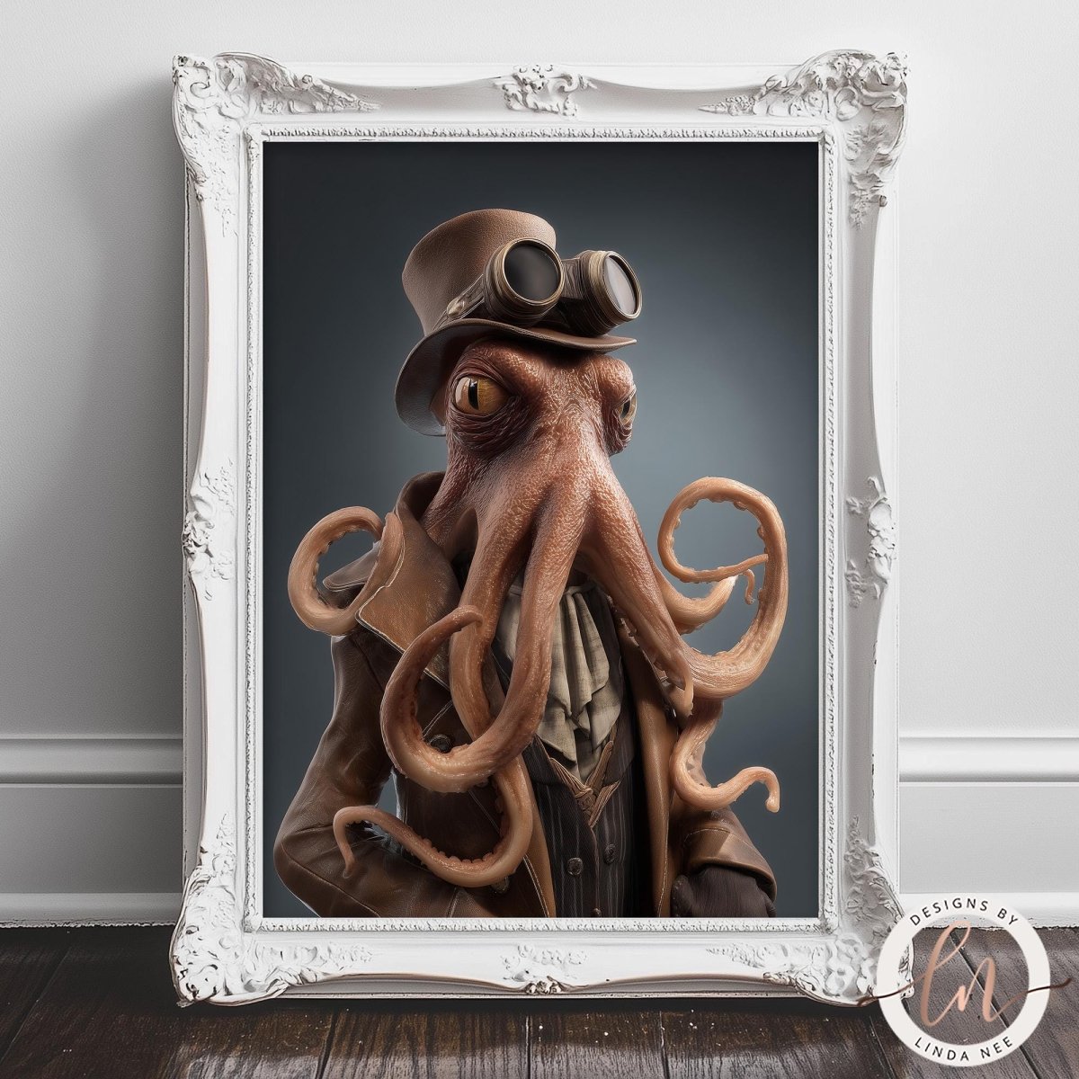 A framed image depicting an octopus wearing a top hat and goggles, with long tentacles extending from its head.