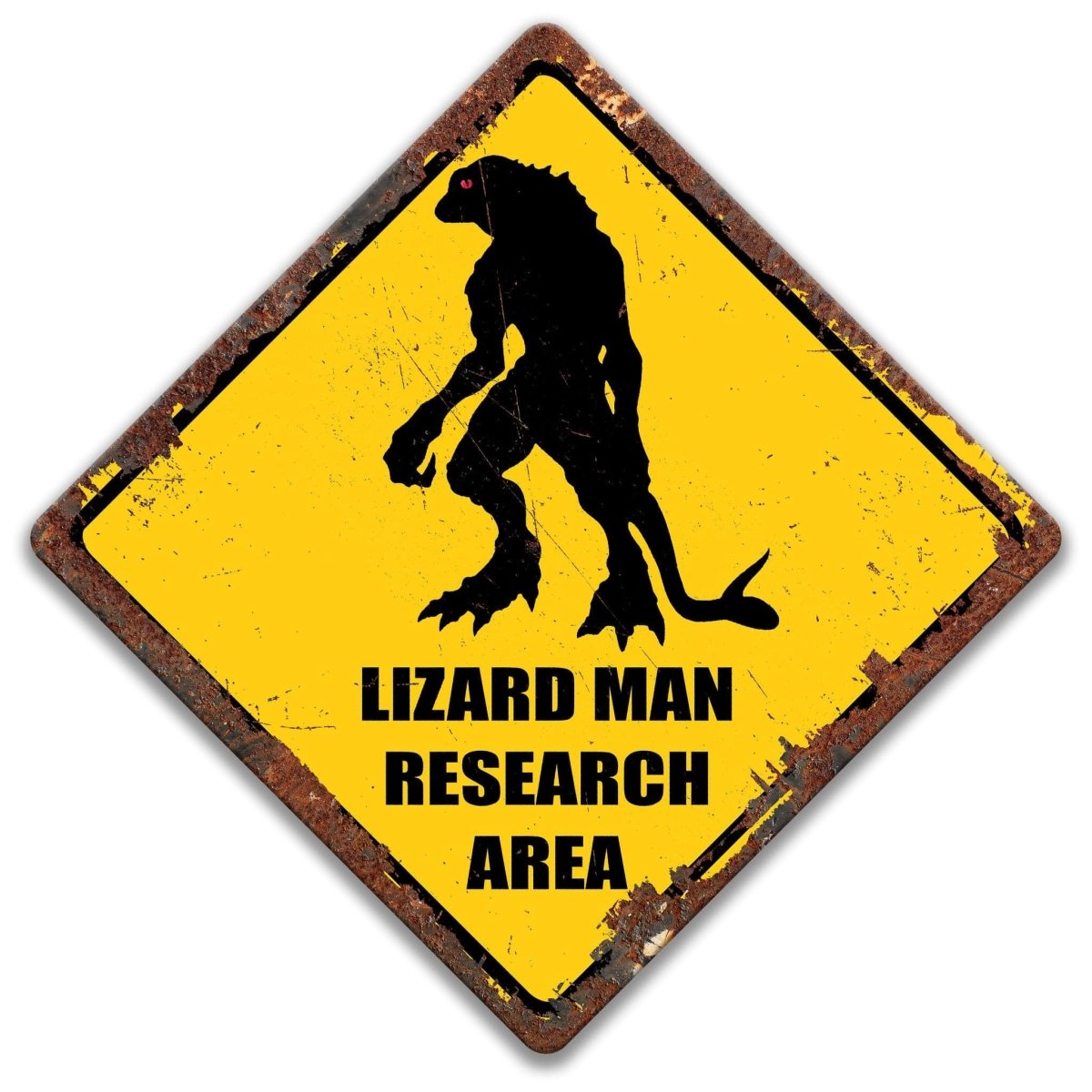A yellow diamond-shaped sign with a black silhouette of a lizard and the text "LIZARD MAN RESEARCH AREA" printed on it.