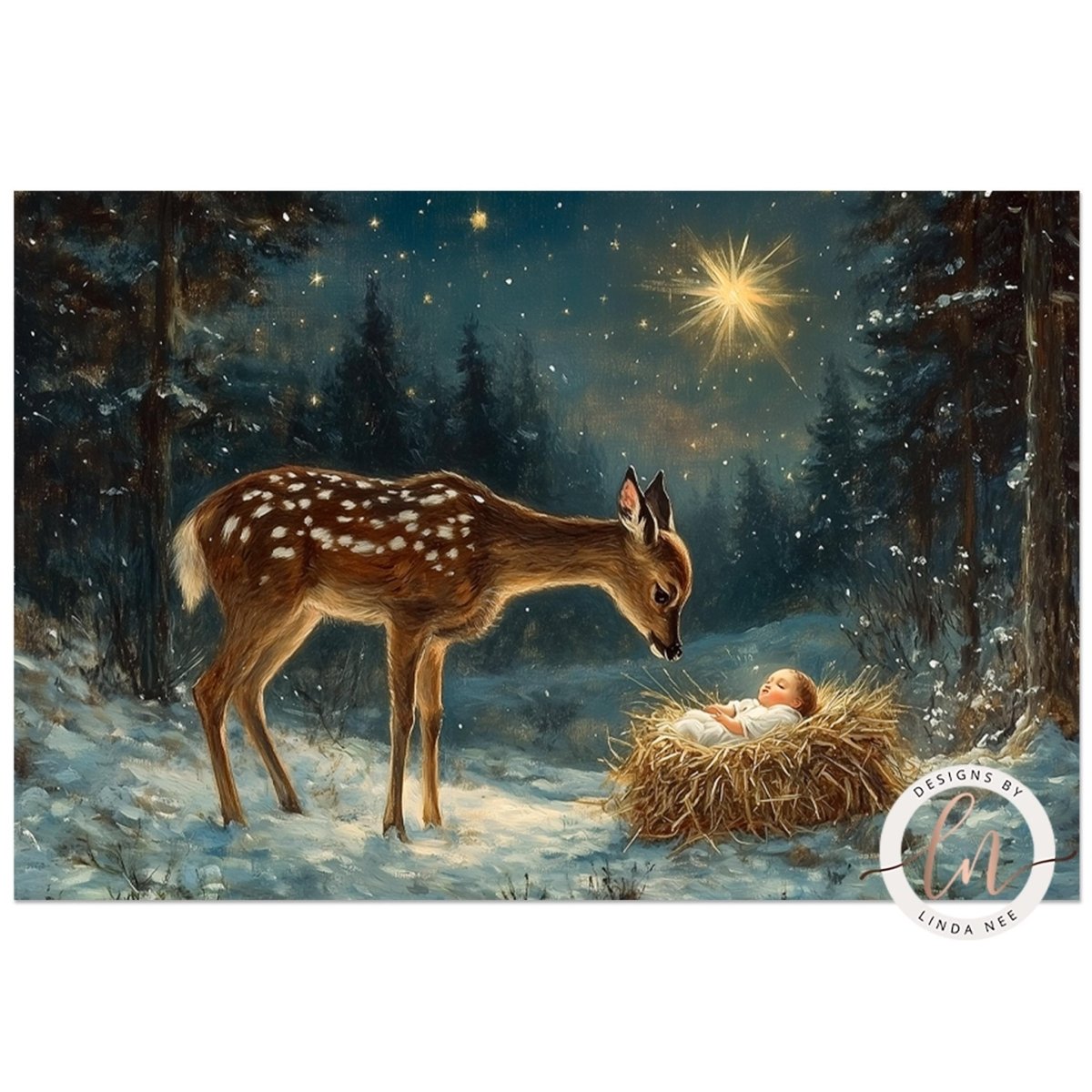 A deer stands in a snowy forest, gazing at a baby deer nestled in a hay-filled nest, with a starry night sky in the background.