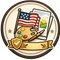 Circular emblem with paint palette, American flag, and artwork on a white background