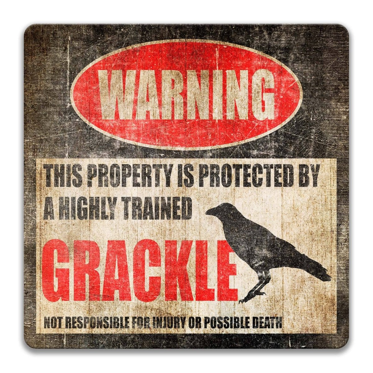 Grackle warning metal sign, glossy black, red WARNING oval and long-tailed grackle silhouette