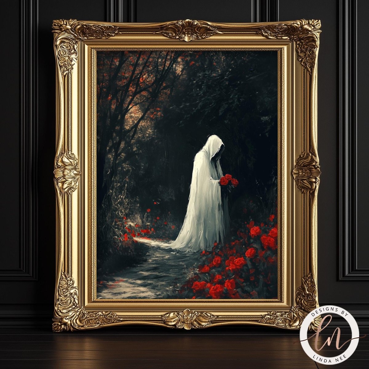 The image is a framed painting depicting a woman in a white dress standing amidst a garden filled with red flowers.