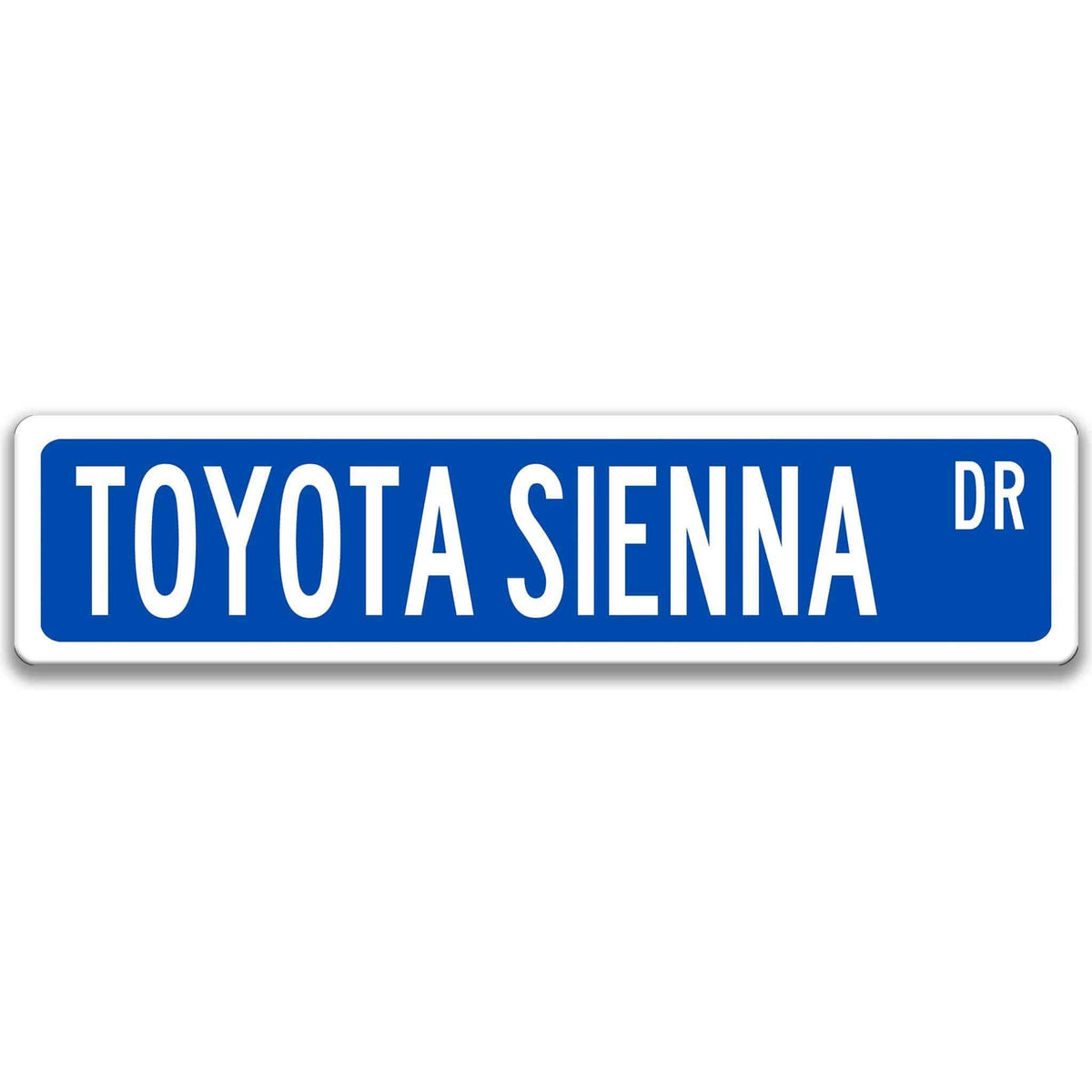 Blue metal street sign with white text reading TOYOTA SIENNA DR