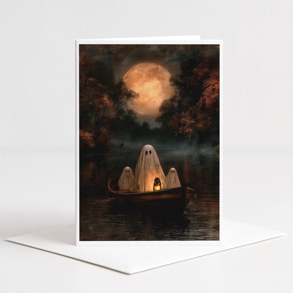 Three ghosts in a rowboat with a lantern on a moonlit lake, 5x7 blank note card by Designs by Linda Nee