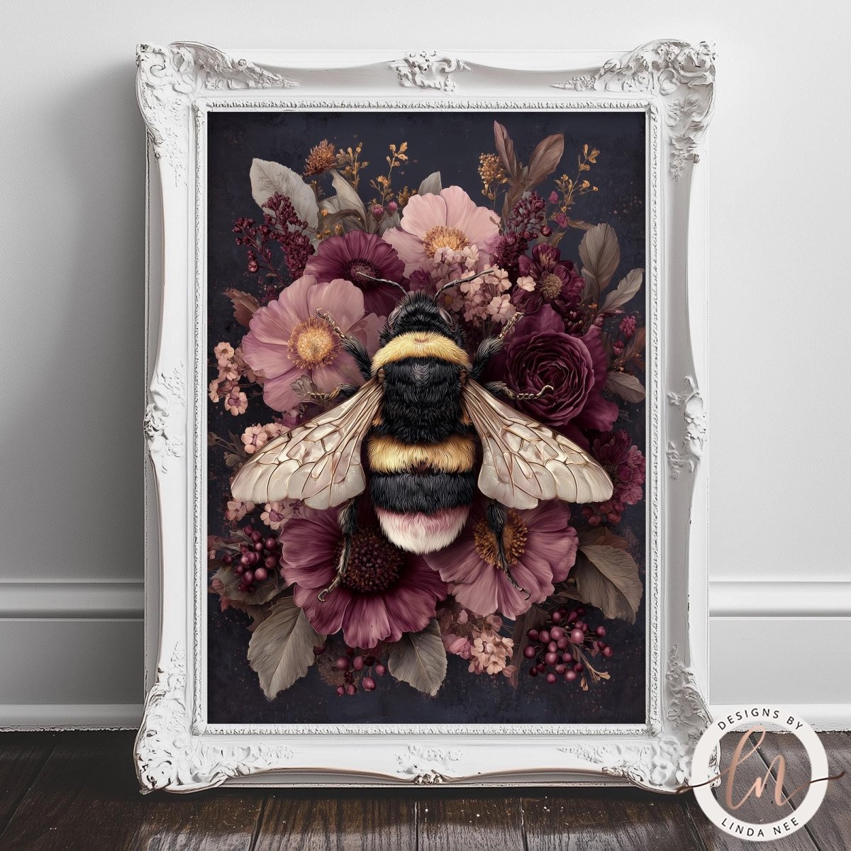 A framed print depicting a bee surrounded by a vibrant floral arrangement, including pink, purple, and red flowers.