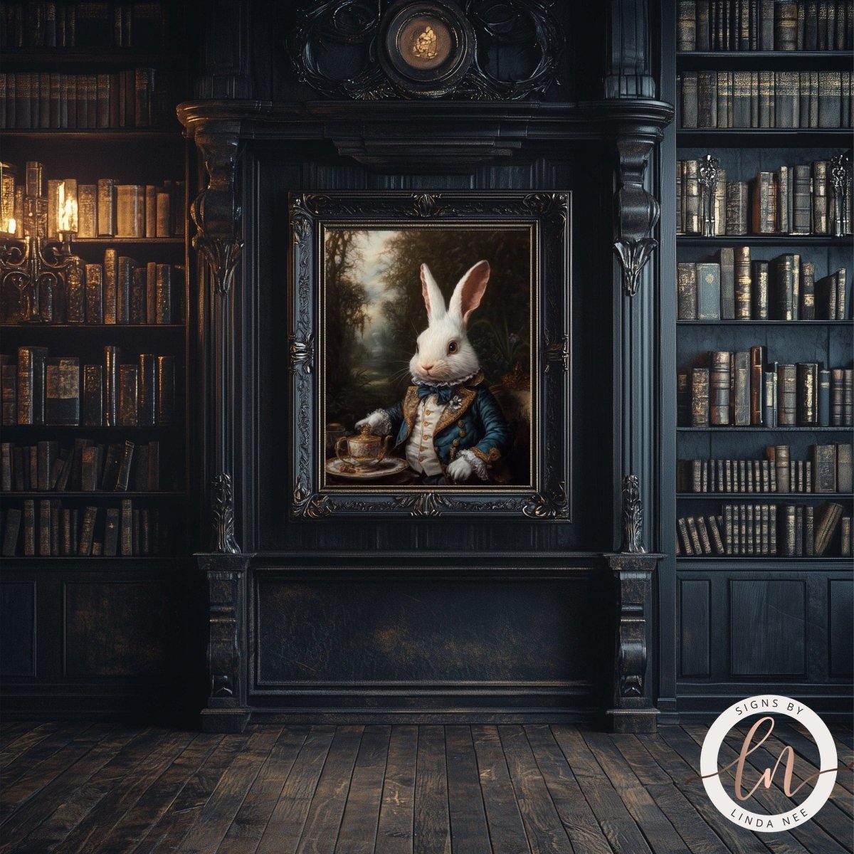 White rabbit teapot print displayed against a dark background with bookshelves