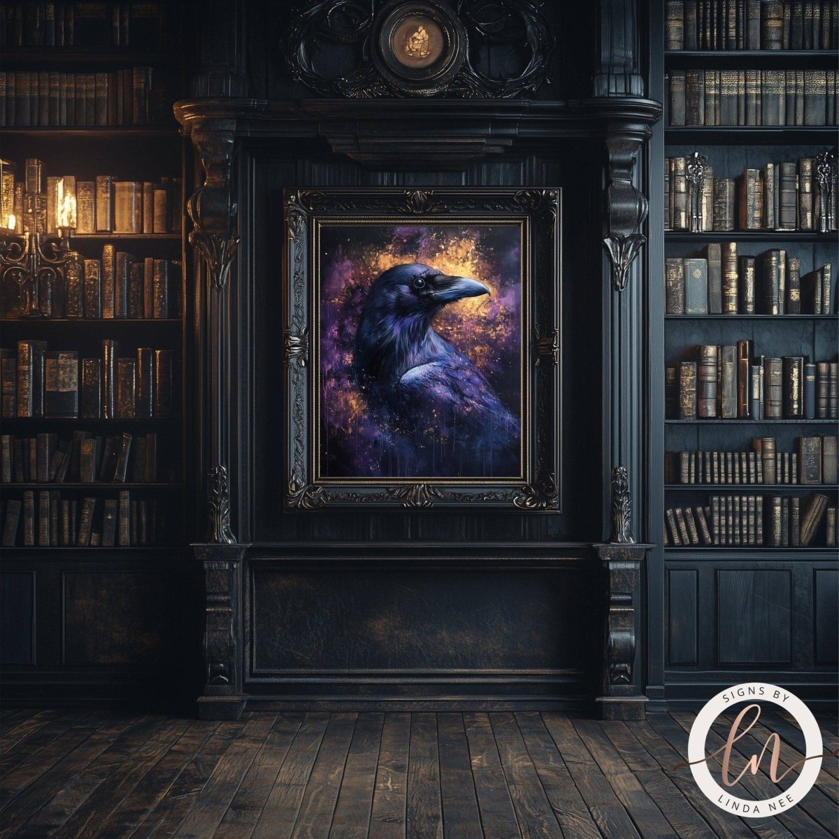 Raven portrait art print displayed on a mantel surrounded by bookshelves