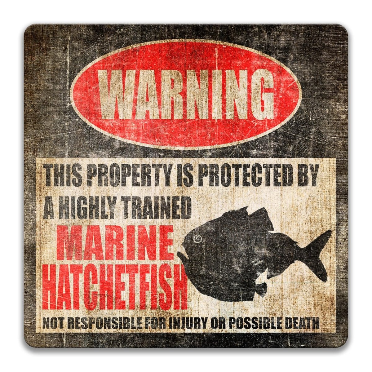 Highly Trained marine hatchetfish metal warning sign in classic safety style for marine biology fans and ocean nerds