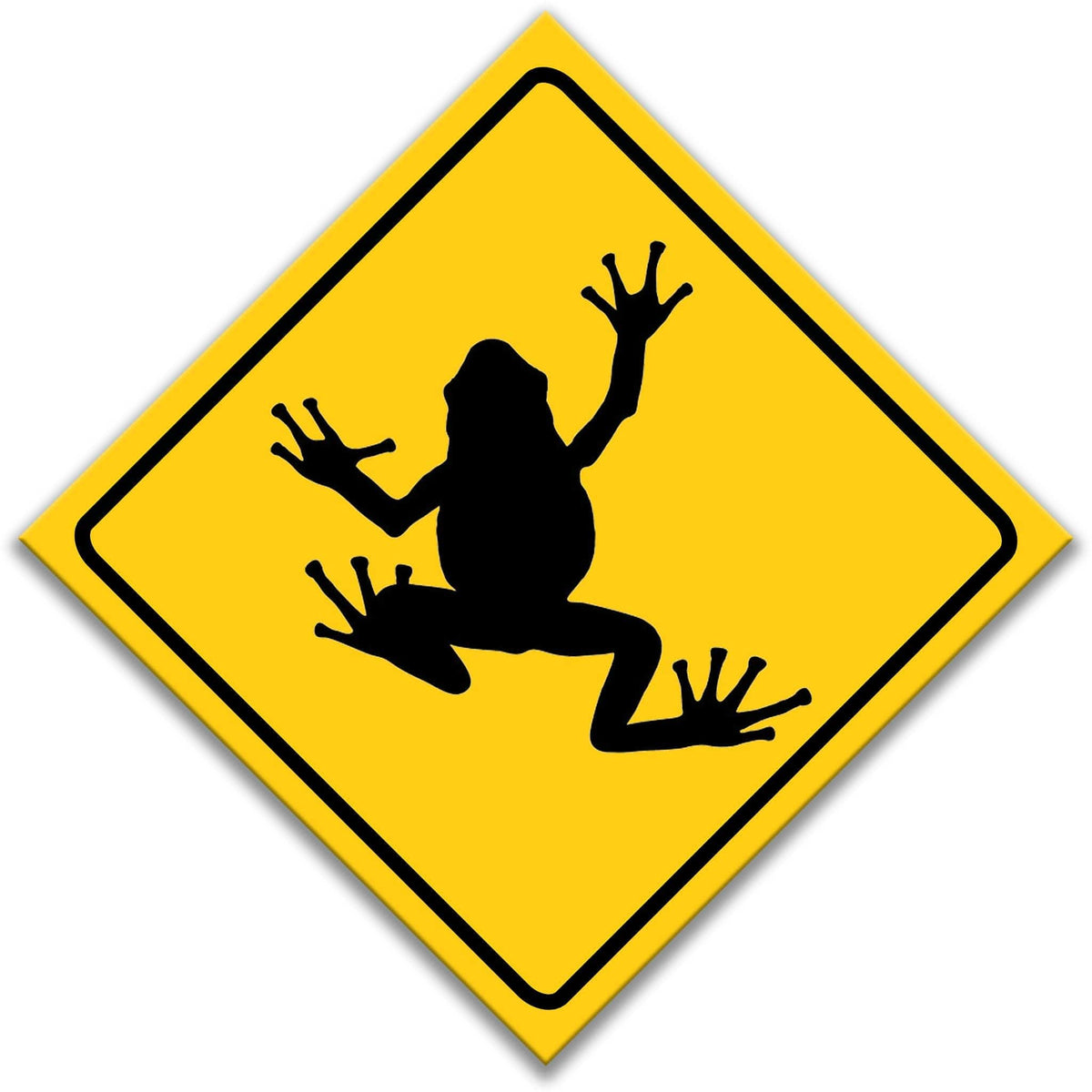 A yellow diamond-shaped sign with a black silhouette of a frog on it.